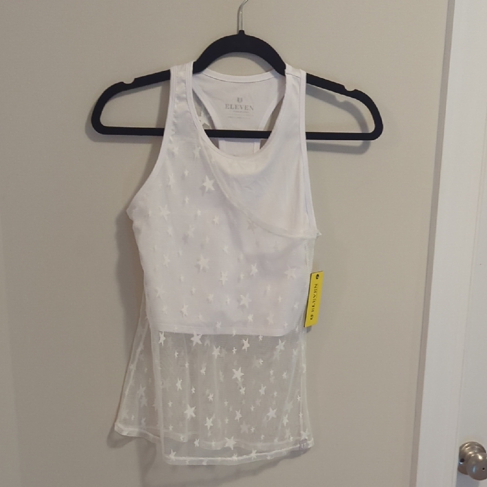 NWT EleVen by Venus Williams White Asymmetrical Sheer Tank Top, size XS